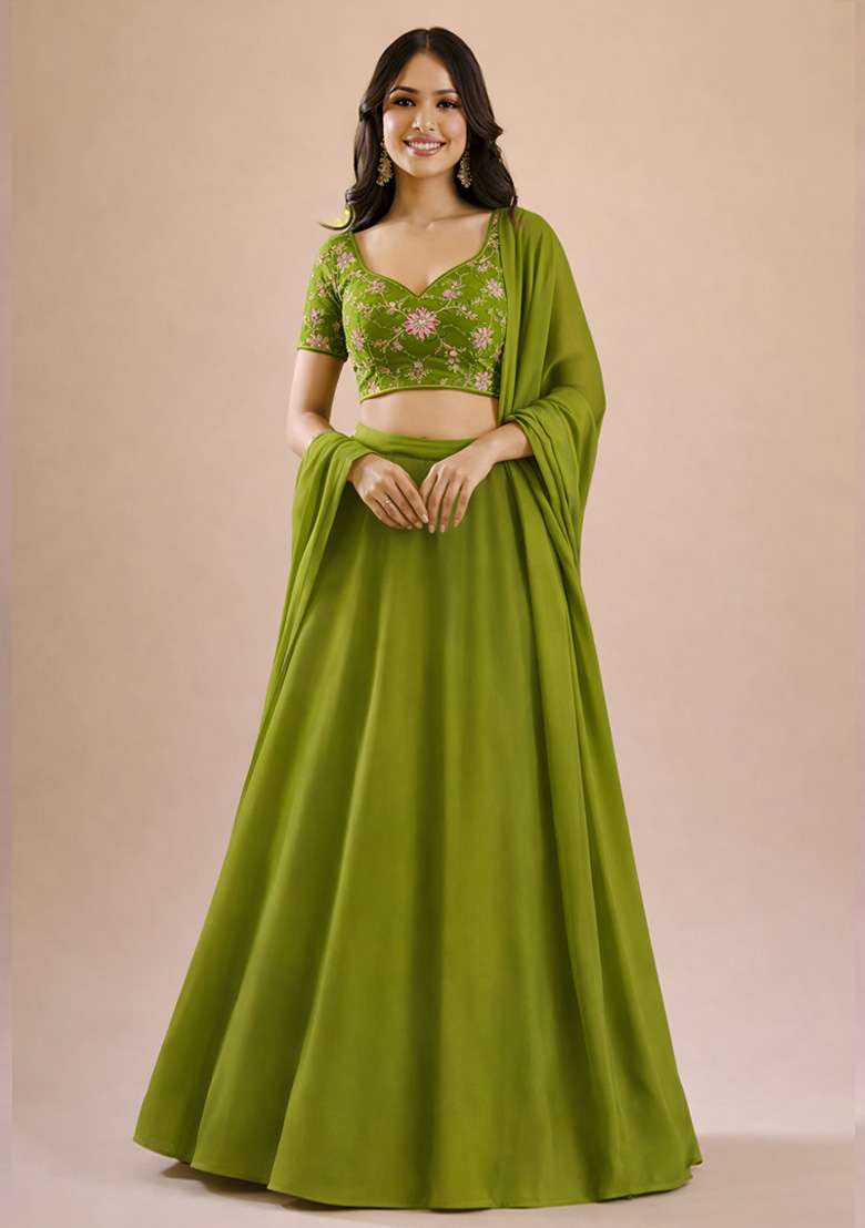 Mehendi Green Embroidered Crepe Lehenga Set - Indya