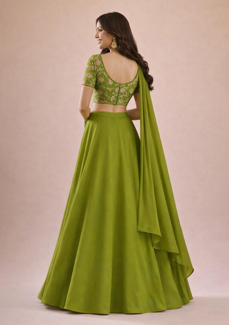 Mehendi Green Embroidered Crepe Lehenga Set - Indya