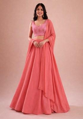 Peach Embroidered Crepe Lehenga Set