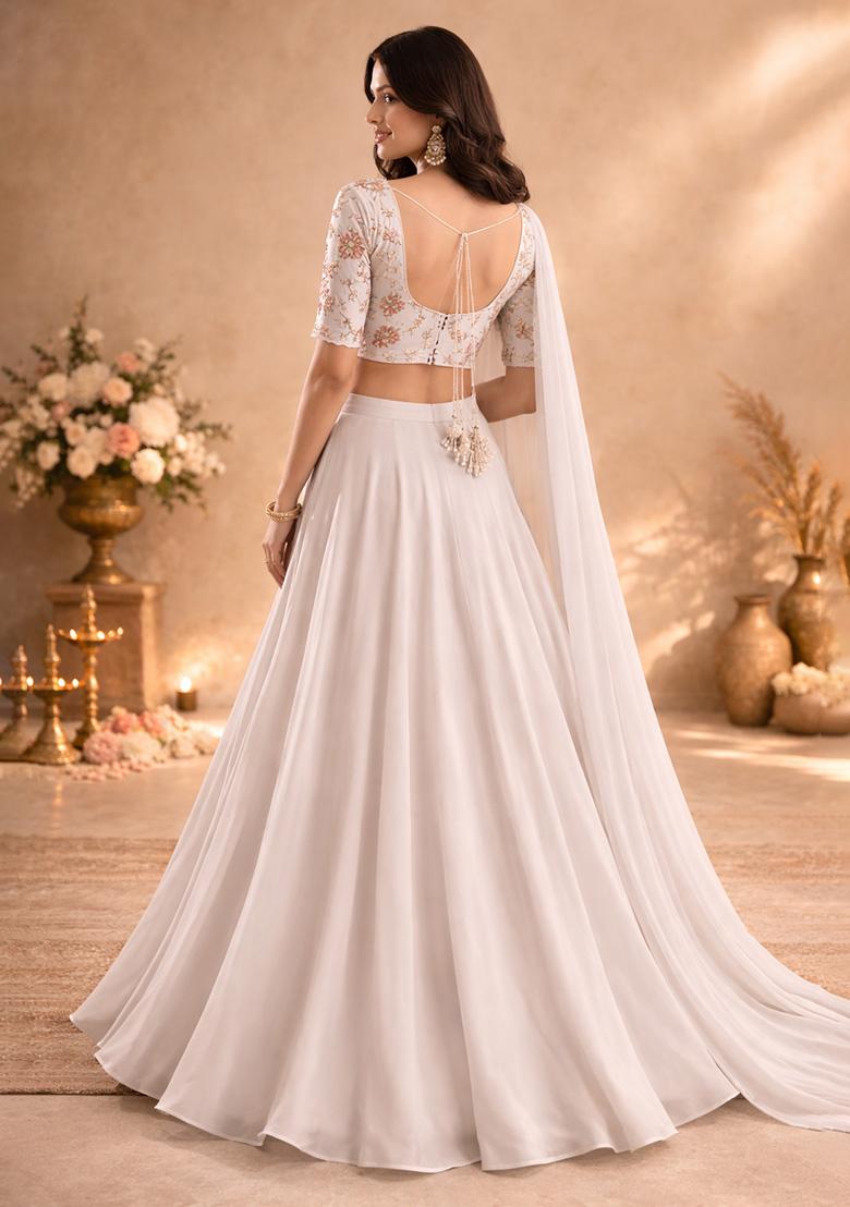 Ivory Embroidered Crepe Lehenga Set - Indya