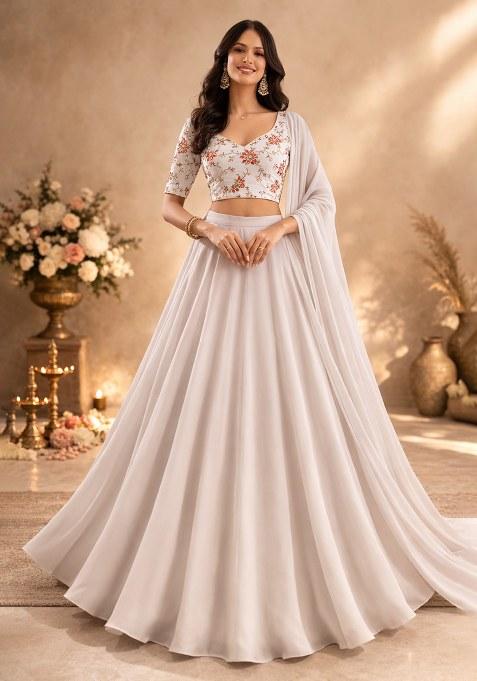 Ivory Embroidered Crepe Lehenga Set