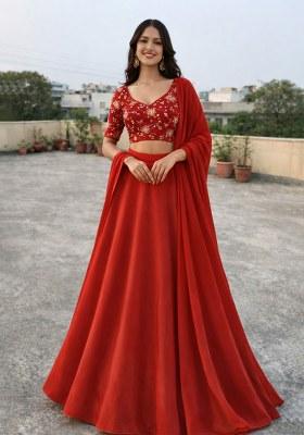 Red Embroidered Crepe Lehenga Set