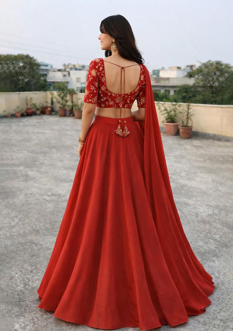 Red Embroidered Crepe Lehenga Set - Indya