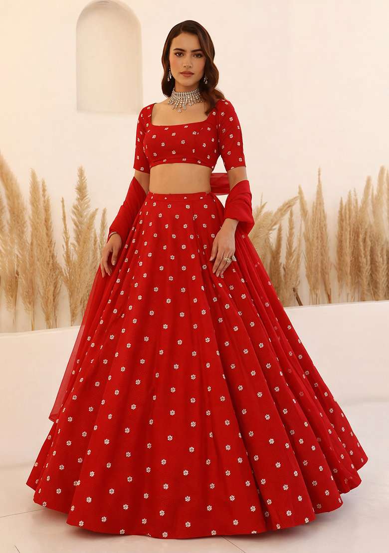 Red Embroidered Moss Lehenga Set - Indya