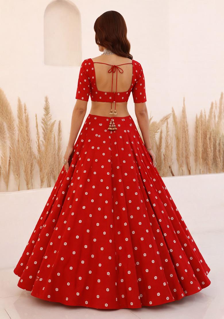 Red Embroidered Moss Lehenga Set - Indya
