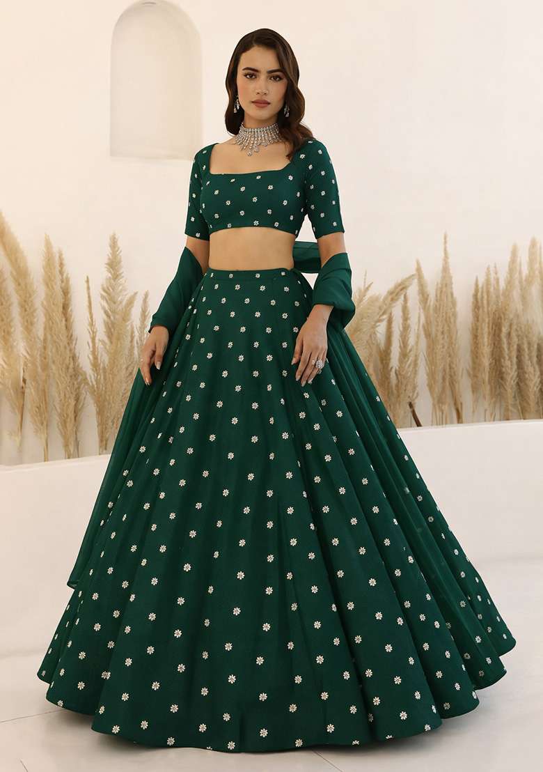 Bottle Green Embroidered Moss Lehenga Set - Indya
