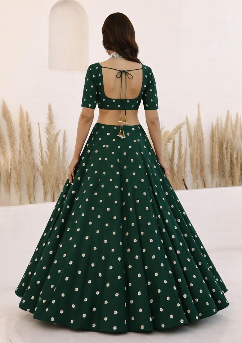 Bottle Green Embroidered Moss Lehenga Set - Indya