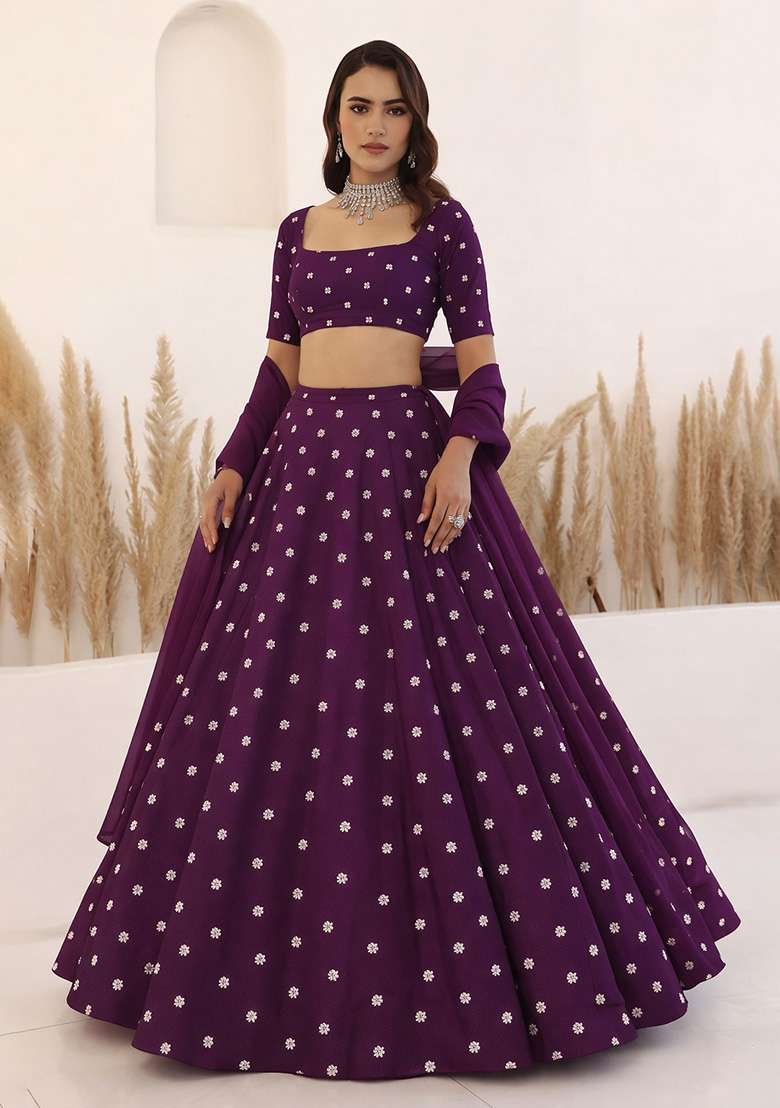 Purple Embroidered Moss Lehenga Set - Indya