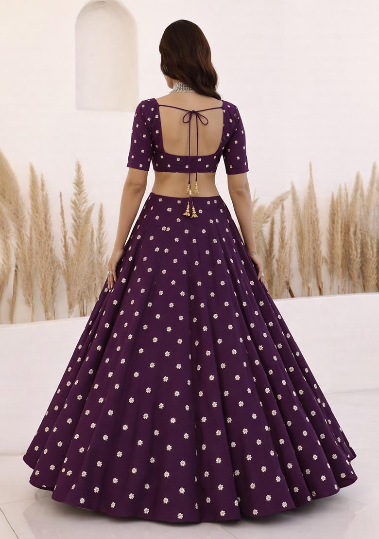 Purple Embroidered Moss Lehenga Set - Indya