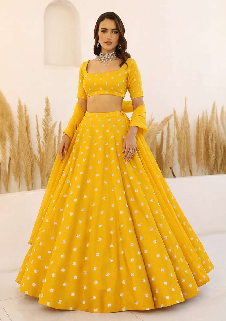 Yellow Embroidered Moss Lehenga Set - Indya