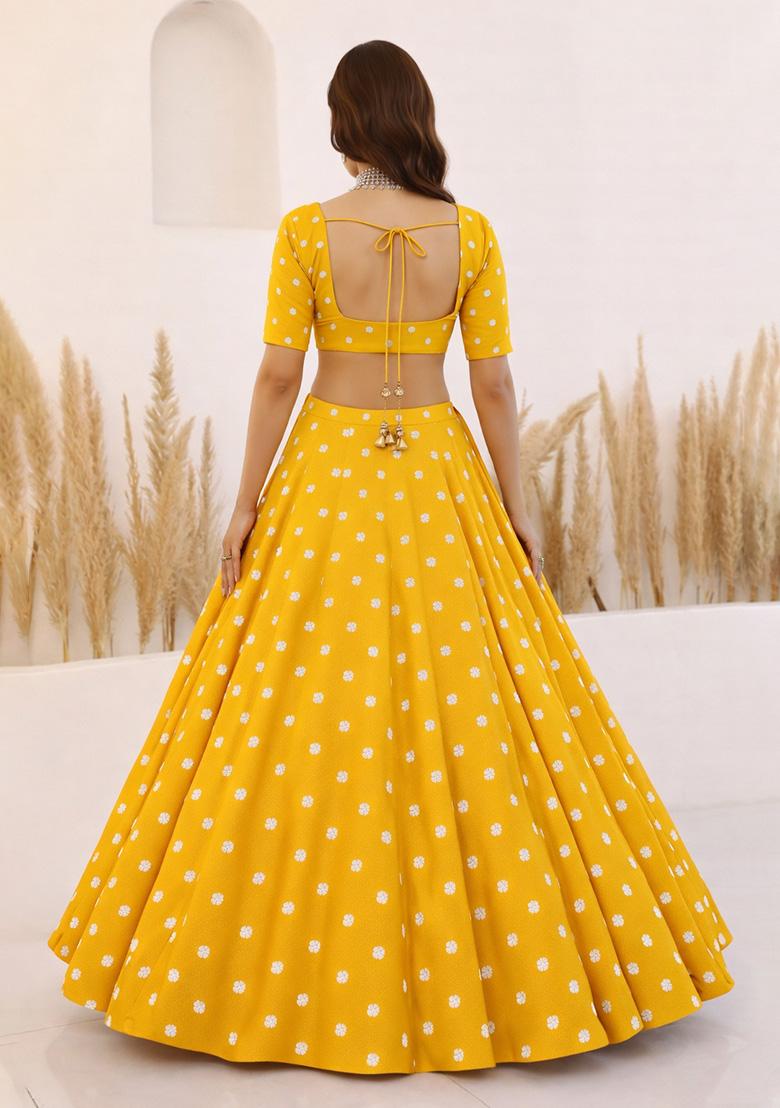 Yellow Embroidered Moss Lehenga Set - Indya