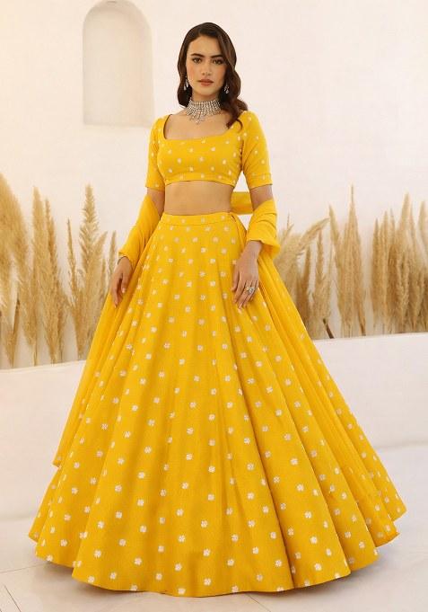 Yellow Embroidered Moss Lehenga Set