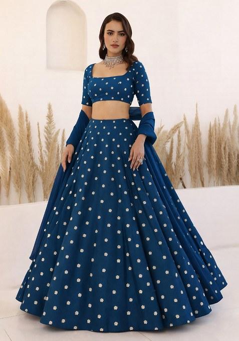 Royal Blue Embroidered Moss Lehenga Set
