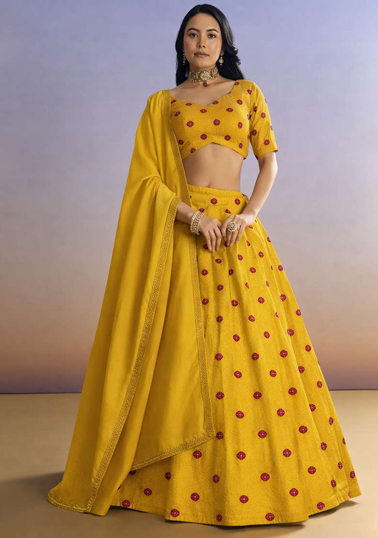 Yellow Printed Satin Lehenga Set - Indya