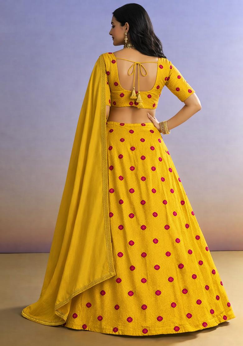 Yellow Printed Satin Lehenga Set - Indya