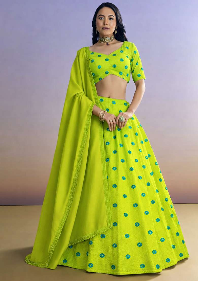 Lime Green Printed Satin Lehenga Set - Indya