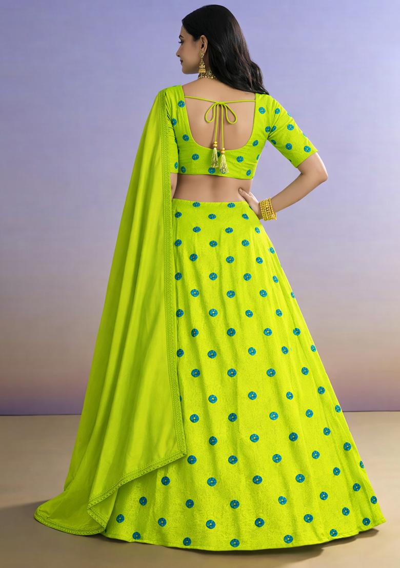 Lime Green Printed Satin Lehenga Set - Indya