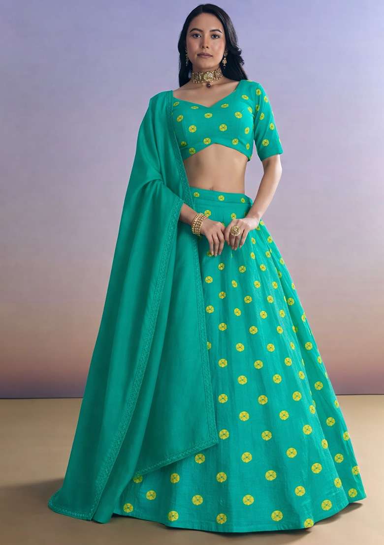 Bright Blue Printed Satin Lehenga Set - Indya