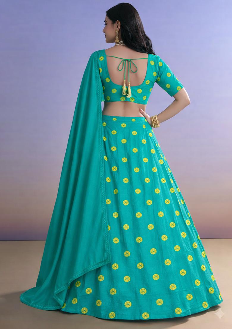 Bright Blue Printed Satin Lehenga Set - Indya