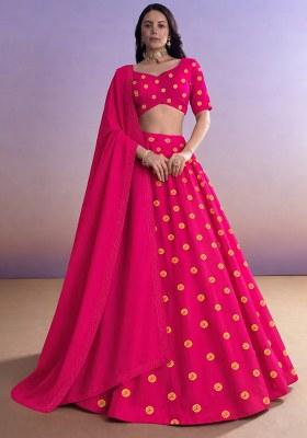 Pink Printed Satin Lehenga Set
