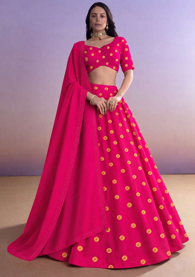 Pink Printed Satin Lehenga Set - Indya