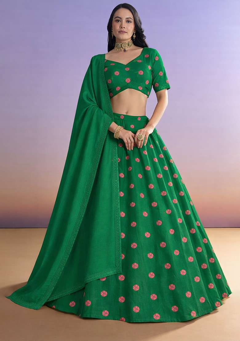 Bottle Green Printed Satin Lehenga Set - Indya