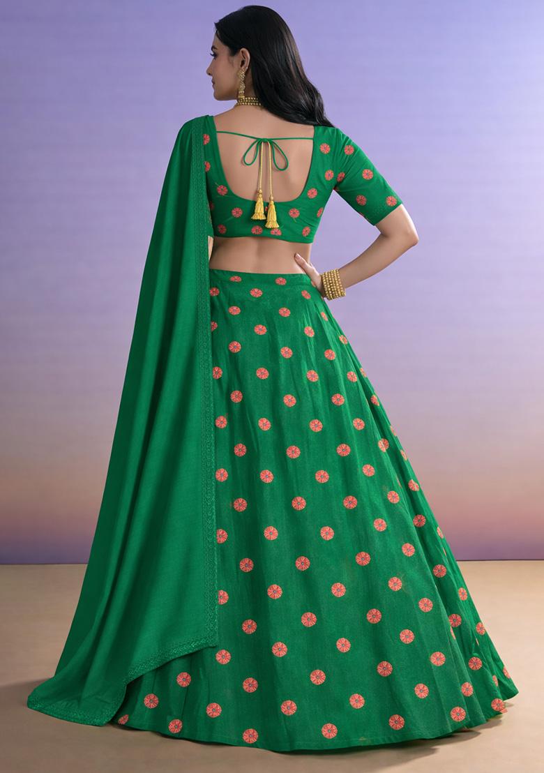 Bottle Green Printed Satin Lehenga Set - Indya