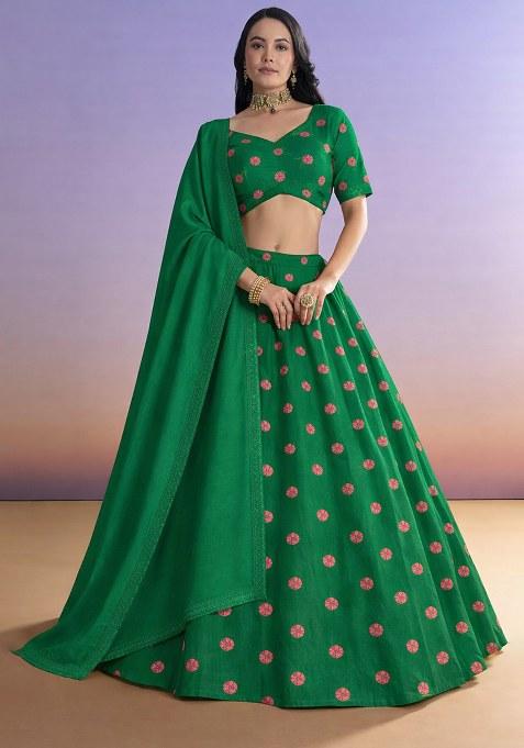 Bottle Green Printed Satin Lehenga Set