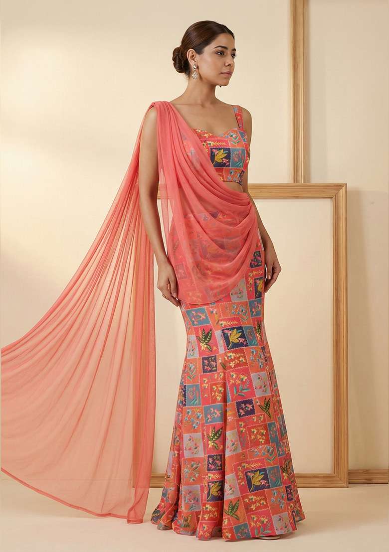 Peach Chinon Lehenga Set with Floral Print for Diwali | Wedding & Festive Wear - Indya