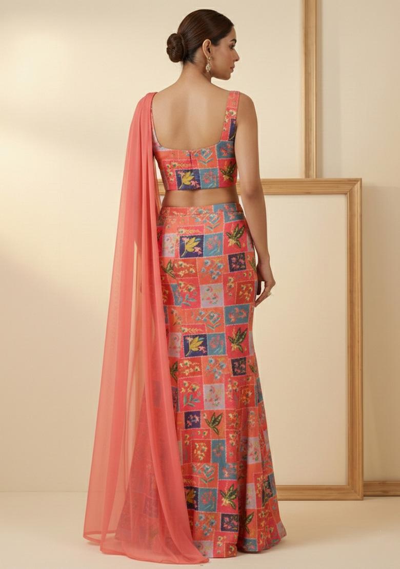 Peach Floral Print Chinon Lehenga Set - Indya