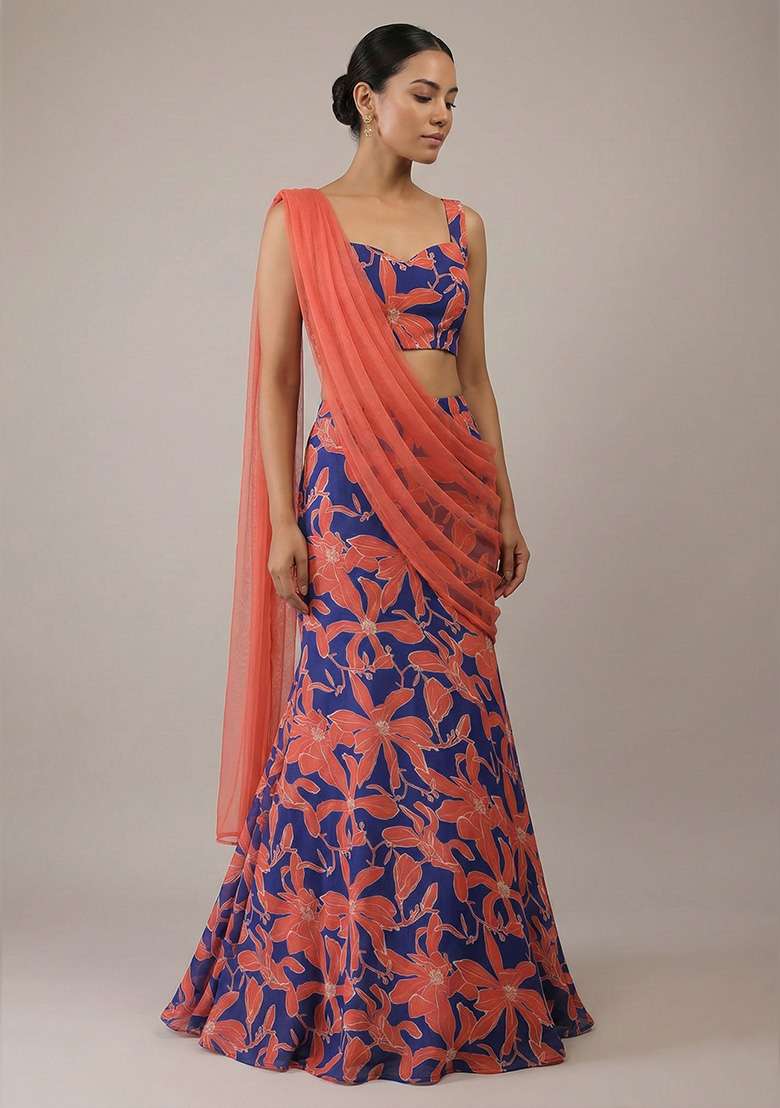 Coral Chinon Lehenga Set with Floral Print for Diwali | Wedding & Festive Wear - Indya