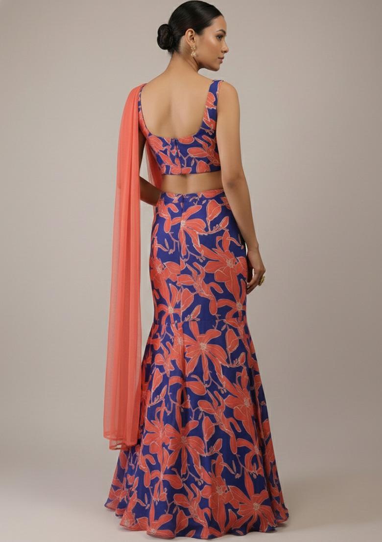 Coral Floral Print Chinon Lehenga Set - Indya