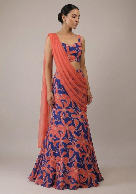 Coral Floral Print Chinon Lehenga Set