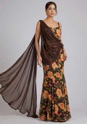 Brown Floral Print Chinon Lehenga Set