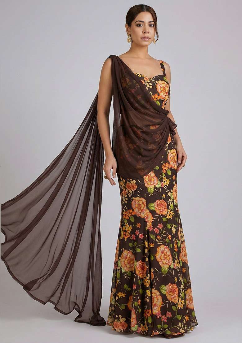 Brown Floral Print Chinon Lehenga Set for Diwali and Festive Wear - Indya