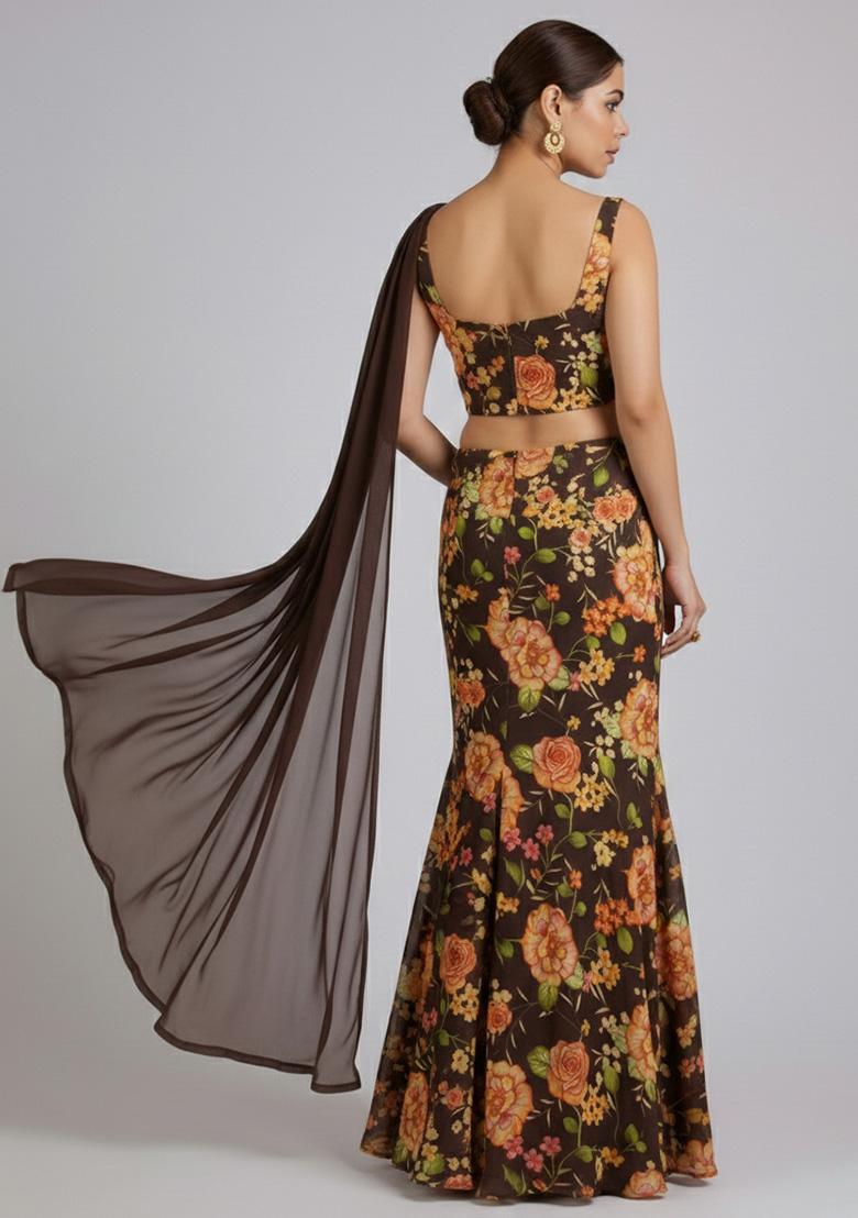 Brown Floral Print Chinon Lehenga Set - Indya