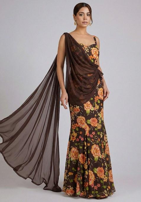 Brown Floral Print Chinon Lehenga Set