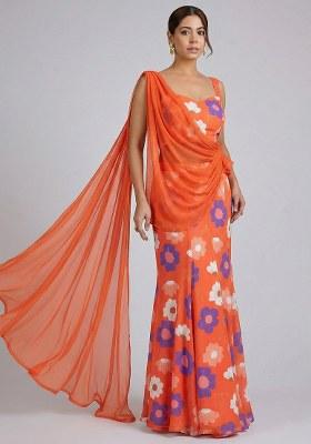 Orange Floral Print Chinon Lehenga Set