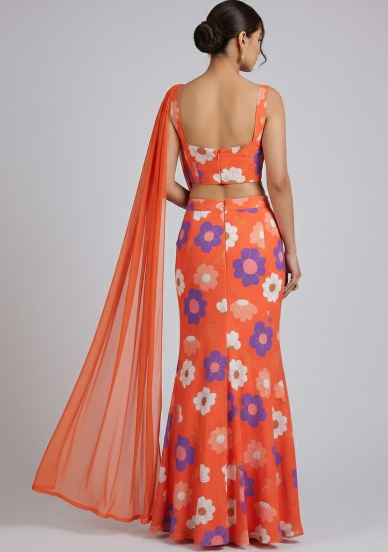 Orange Floral Print Chinon Lehenga Set - Indya