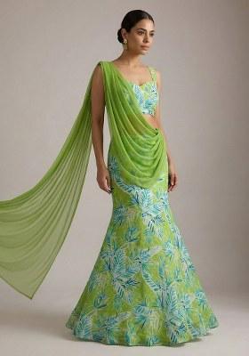 Green Floral Print Chinon Lehenga Set