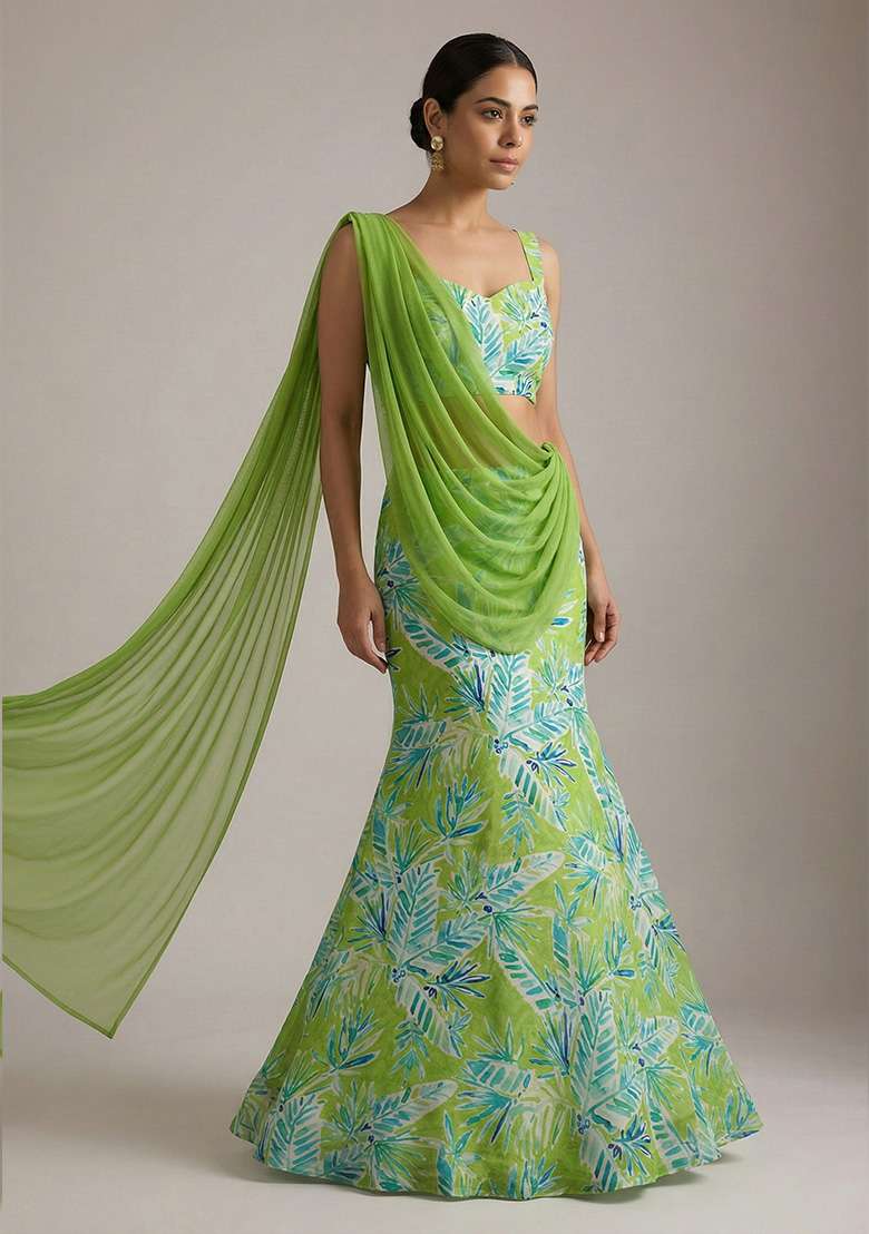 Green Chinon Lehenga Set with Floral Print for Diwali | Wedding & Festive Wear - Indya