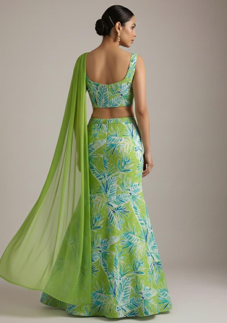Green Floral Print Chinon Lehenga Set - Indya