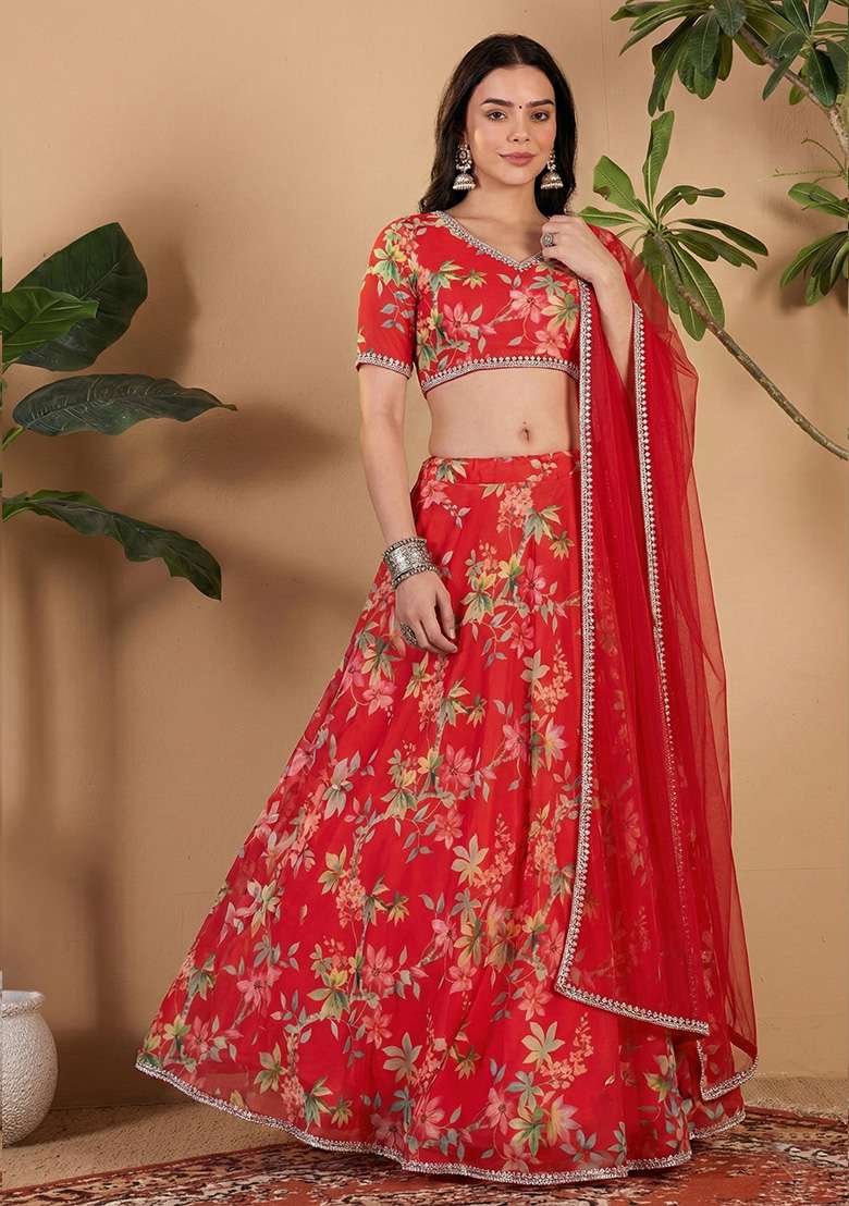 Red Georgette Lehenga Set with Floral Print for Diwali | Wedding & Festive Wear - Indya