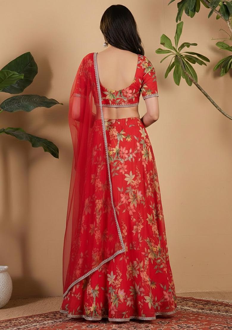 Red Floral Print Georgette Lehenga Set - Indya