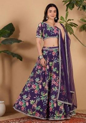 Purple Floral Print Georgette Lehenga Set