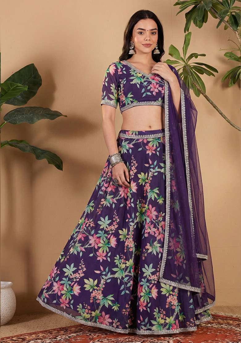 Purple Georgette Lehenga Set with Floral Print for Diwali | Wedding & Festive Wear - Indya