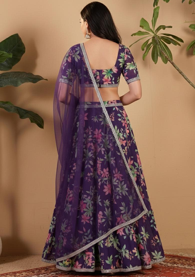 Purple Floral Print Georgette Lehenga Set - Indya