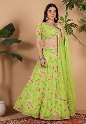 Parrot Green Floral Print Georgette Lehenga Set