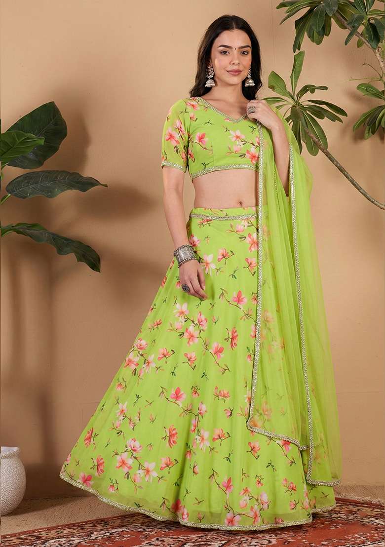 Parrot Green Floral Print Georgette Lehenga Set for Diwali and Festive Wear - Indya