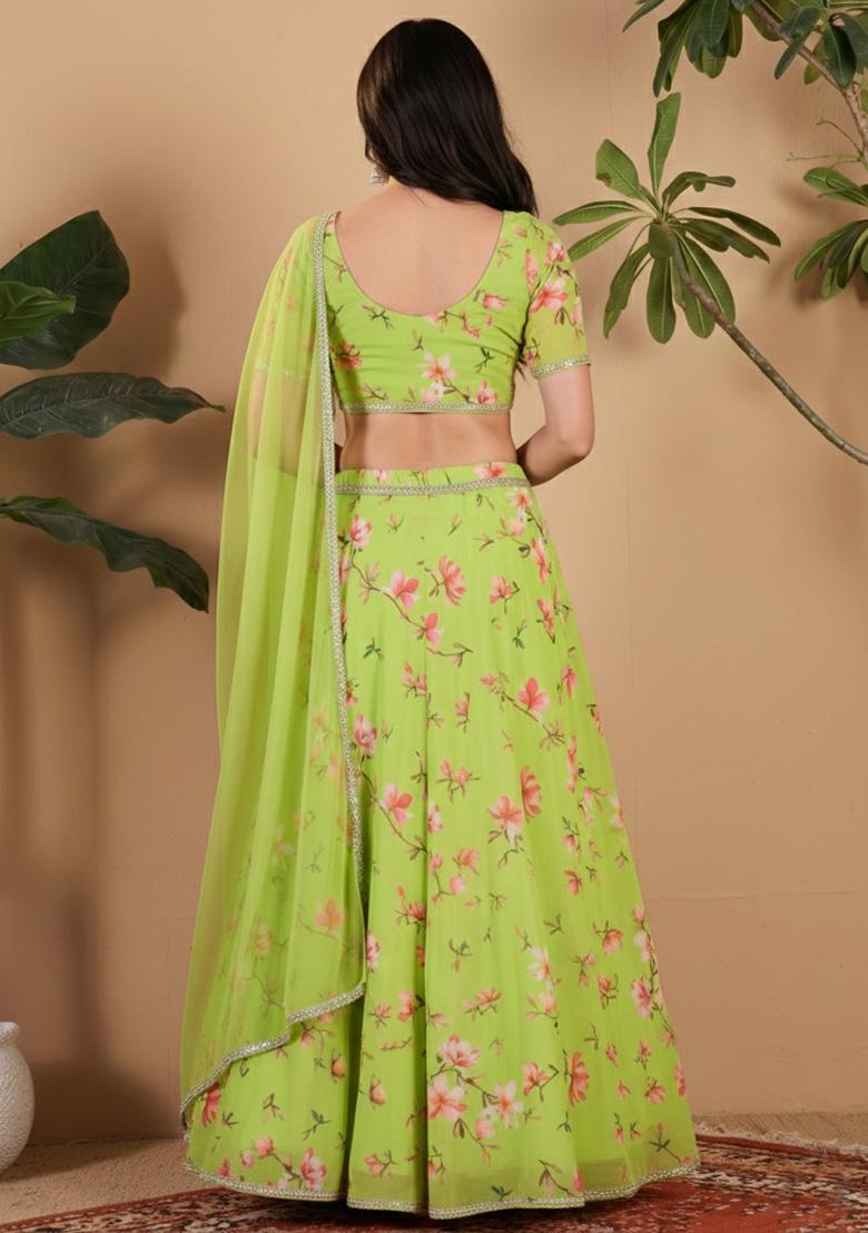 Parrot Green Floral Print Georgette Lehenga Set - Indya